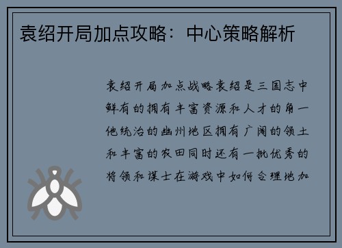 袁绍开局加点攻略：中心策略解析